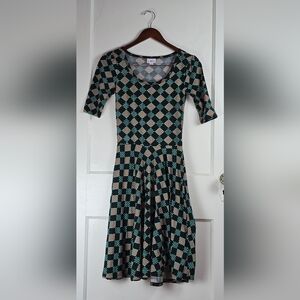 LuLaRoe Fit and Flare Black and Blue Checkboard Knit Dress Size XS